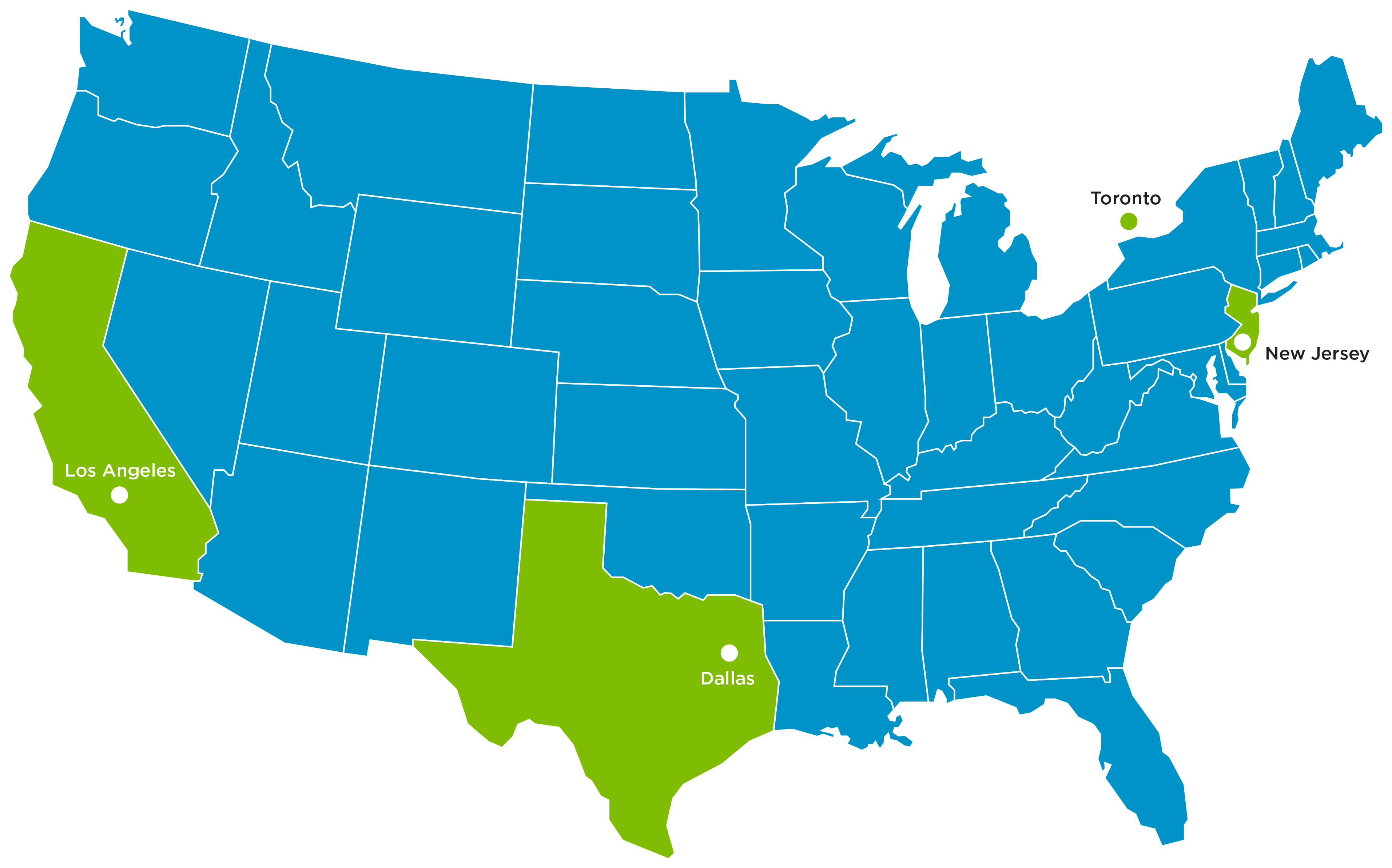 A map of KUBRA's printing facilities in the U.S. and Canada.